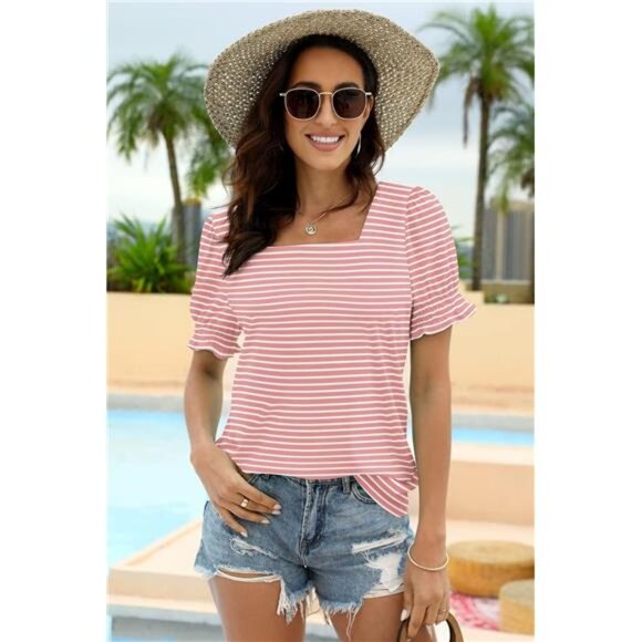 Womens Summer Square Neck T Shirt Ruffle Sleeve Casual Tops Cute Flattering Tee - Picture 2 of 5